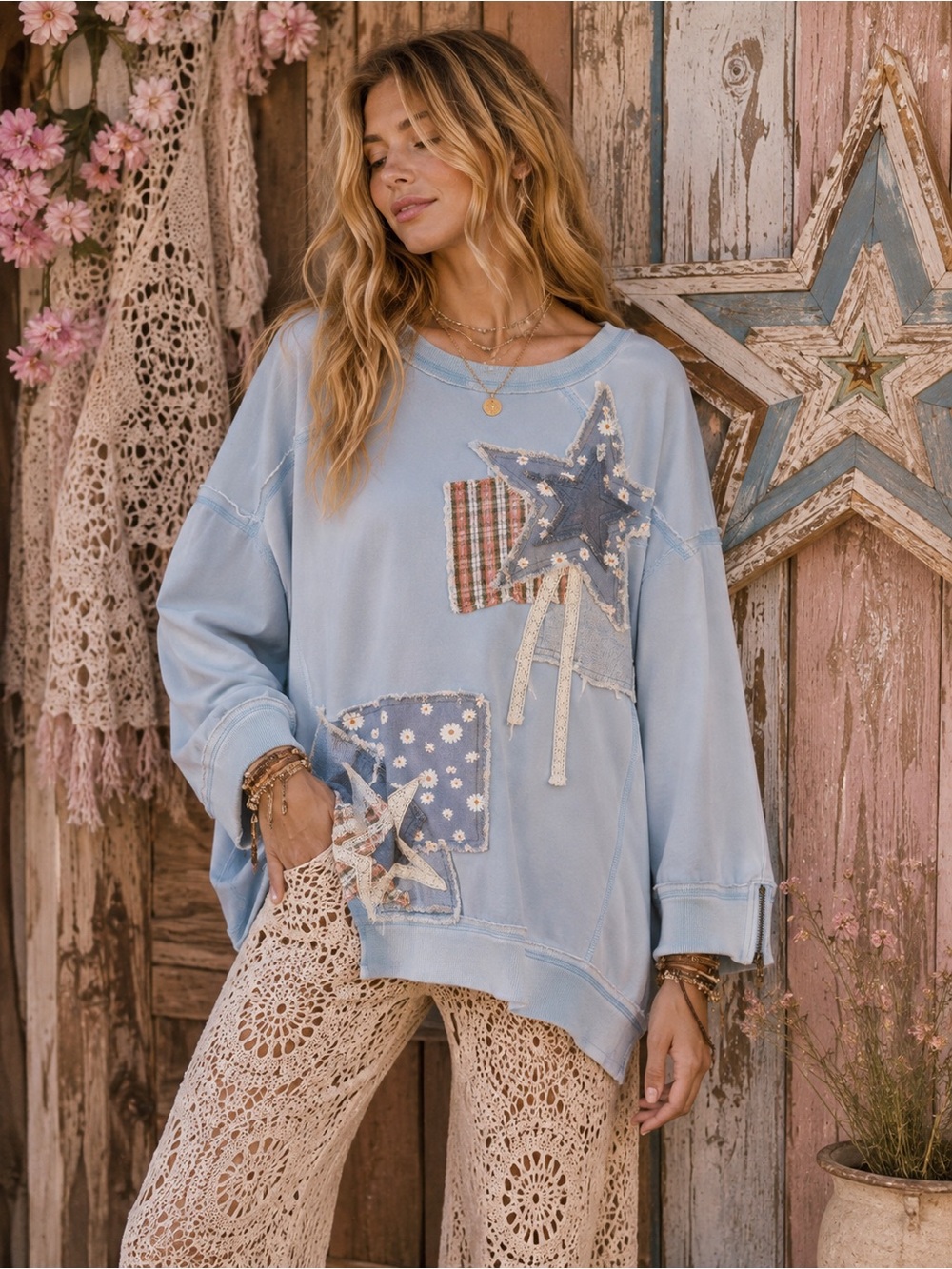 BlueVelvet Star Patchwork baby blue acid wash Pullover Sweatshirt⭐️Rare
